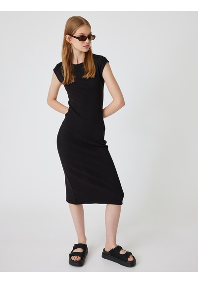 Koton Midi Slip Elbise Bisiklet Yaka Kap Kol Slim Fit Siyah 4sal80237ık Siyah