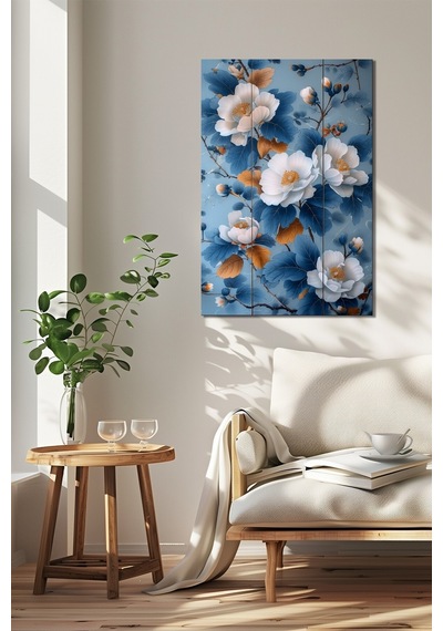 Çiçek Baskılı Cam Tablo Mavi Beyaz Floral Desenli Şık Dekoratif Duvar Tablosu
