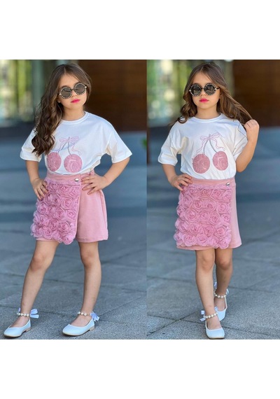 Bam Bam Kiraz Baskılı Güllü Etekli Kız 2 Li Takım 3-10 Yaş -32079350 - Pembe
