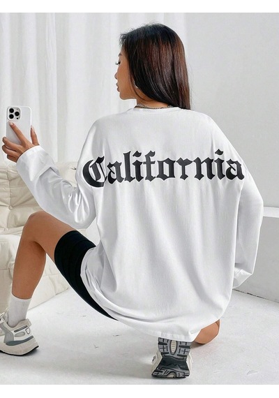Startmore Beyaz Beyaz Kadın California Özel Sırt Baskılı Oversize Bisiklet Yaka