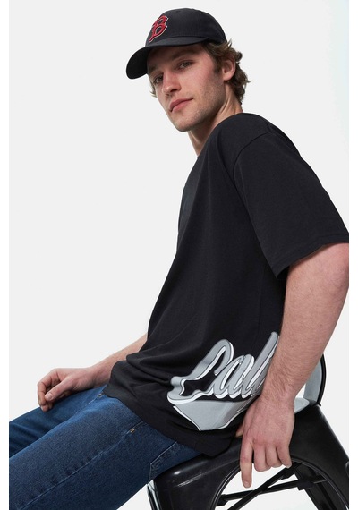 Ucla Roscoe Siyah Bisiklet Yaka Baskılı Oversize Erkek Tshirt Siyah