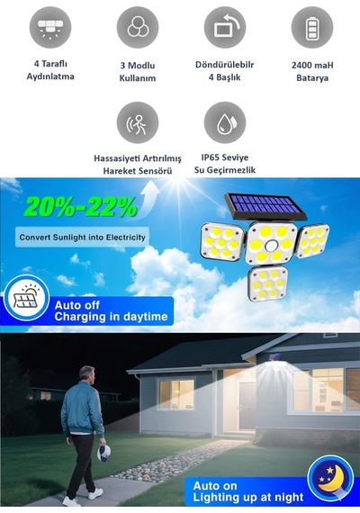 Technosmart 180 Led 4 Başlıklı Solar Hareket Sensörlü Bahçe Duvar Lambası 270 Ip65 2400 Mah