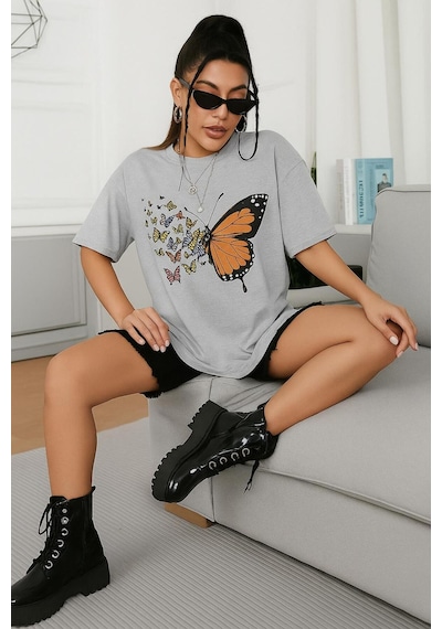 Kelebek Baskılı Oversize Unisex Tişört Gri