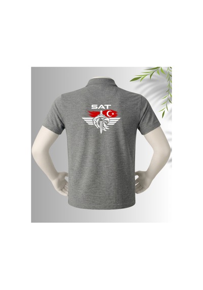 Dafri Özel Tasarım Sat Baskılı Polo Yaka %100 Pamuklu T-shirt Gri