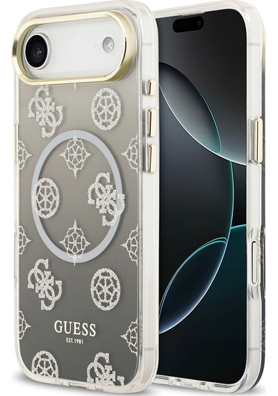 Apple Uyumlu iPhone 17 Air Kılıf Guess Lisanslı M-safe Özellikli Simli Peony Desenli Silikon Kapak Siyah Siyah