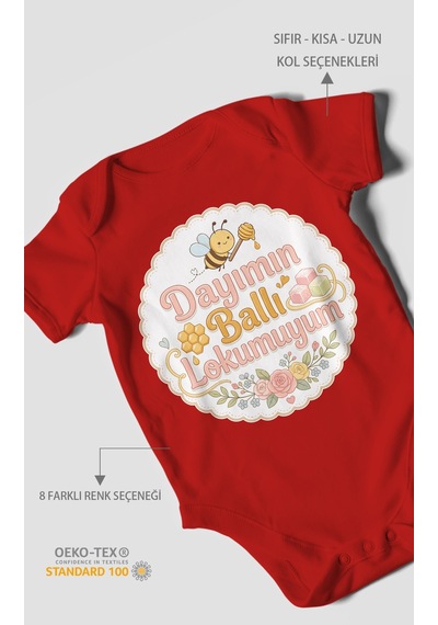 Morivokids Dayımın Ballı Lokumuyum Kısa Kollu Bebek Body %100 Pamuk Kırmızı