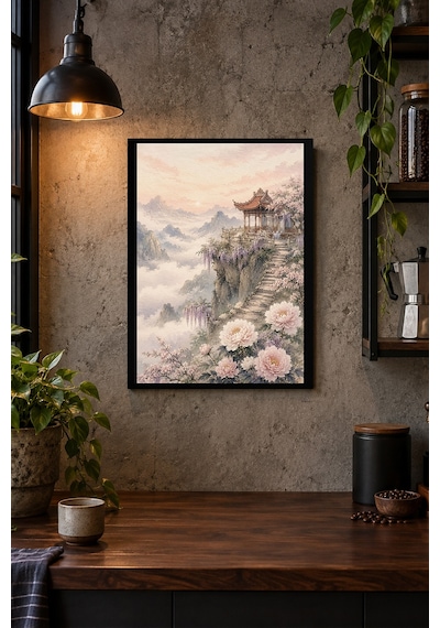 Çiçekli Uzak Doğu Bahçesi Desenli Dekoratif Mdf Tablo, Çerçeve Görünümlü Ahşap Poster