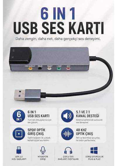 overzone 6 İn 1 Usb Harici Ses Kartı, ENT 5.1 Ve 7.1 Kanal, Spdıf Optik Giriş Çıkış, Mikrofon Line In Front Rear Center Bass, Usb 2.0, 32/44/48khz, Aes/ebu Iec60958, Windows Mac Uyumlu Zr1311