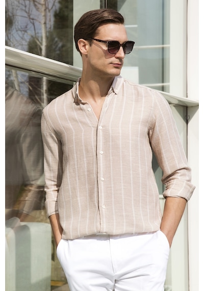 Buratti Pamuklu Çizgili Regular Fit Düğmeli Yaka Erkek Gömlek Cf21S112480 Taş-Beyaz