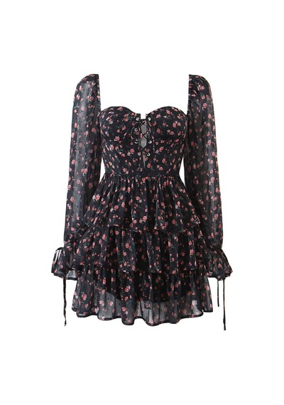 Fashion Cocktail Göğüs Korseli Sırt Lastikli Çiçekli Uzun Kol Bağlamalı Dudak Göğüslü Şifon Elbise Siyah Fashion Cocktail Göğüs Korseli Sırt Lastikli Çiçekli Uzun Kol Bağlamalı Dudak Göğüslü Şifon Elbise Siyah
