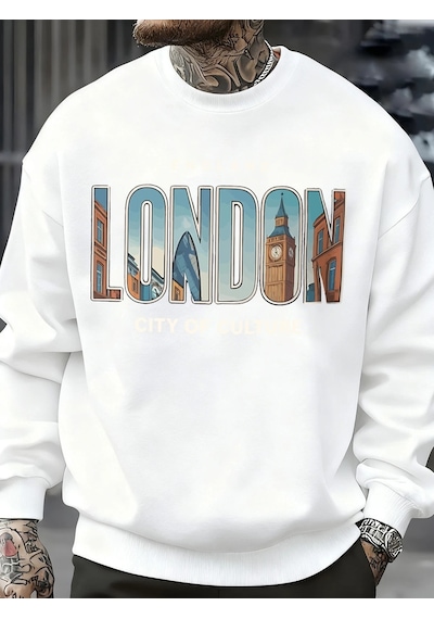 Startmore Tarzsokak Londra Şehir Desenli Kazak Erkek Sokak Bisiklet Yaka Kazak Polar Tüm Maç Spor Giyim Hipster S Beyaz