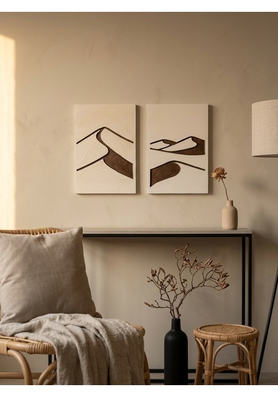 Abstract Dunes 2'li Duvar Sanatı Seti - Modern Soyut Kum Tepesi Motifli Kazıma Tablo, Organik Minimalist Tablo