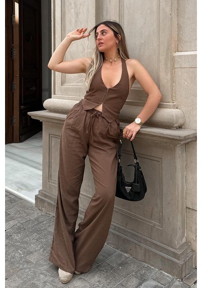 Madmext Kahverengi Beli Büzgülü Wide Leg Kumaş Pantolon Mg1950-kahverengi Kahverengi