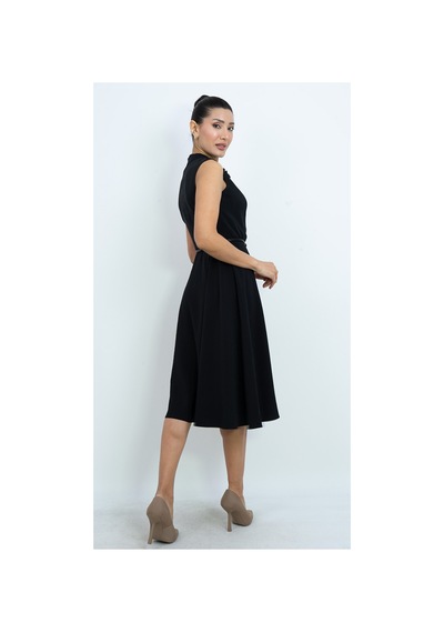 Dorne Moda Çiçek Aksesuarlı Kruvaze Yaka Kemerli Midi Elbise - Düğün - Mezuniyet - Ofis Şıklığı Siyah Siyah Dorne Moda Çiçek Aksesuarlı Kruvaze Yaka Kemerli Midi Elbise - Düğün - Mezuniyet - Ofis Şıklığı Siyah Siyah
