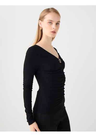 Jimmy Key Siyah V Yaka Uzun Kollu Büzgü Detaylı Örme Bluz 5ww035626900