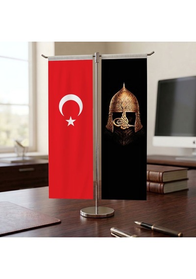Fatih Sultan Mehmed Han Miğferi Ve Türk Bayrağı Kırlangıç T Tipi Masa Bayrak Takımı Diğer