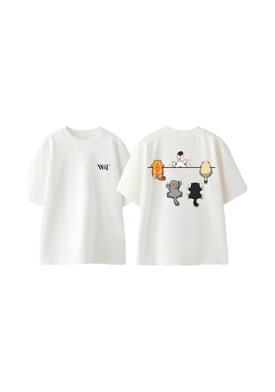 Thewert Tırmanan Kediler Tasarım Sırt Baskılı Pamuk Beyaz Oversize T-shirt
