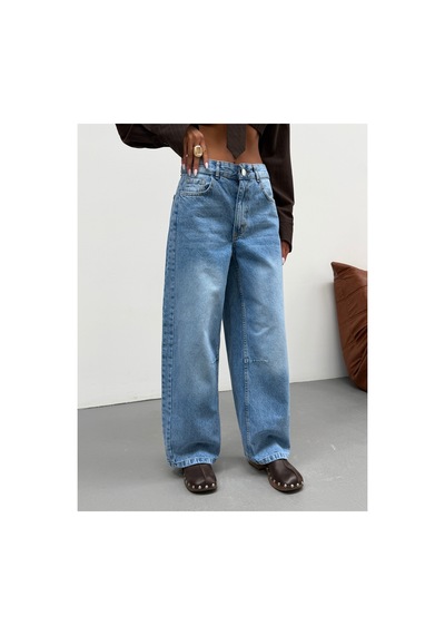 Kene Jeans Buz Kar Yan Parçalı Diz İşlemli Baggy Jeans Buz Kar