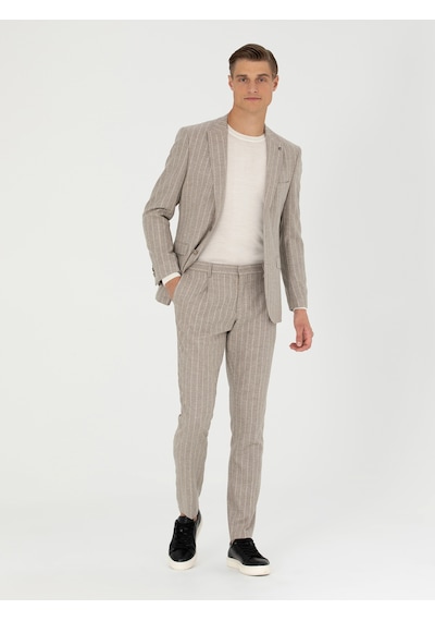 Cacharel Bej Slim Fit Yün Kaşmir Karışımlı Çizgili Klasik Ceket