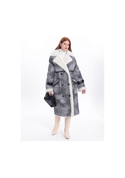 M M Marki Marki Kadın Hakiki Deri Uzun Palto Gri Eskitme Oversize Kruvaze Düğmeli İçi Kürklü 115 Cm - 119522 Gri Vintage
