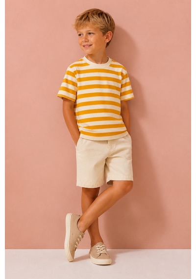 Eray Alp Kids Erkek Çocuk Çizgili Tişört Keten Şort Takımı Yazlık Günlük Model Sarı