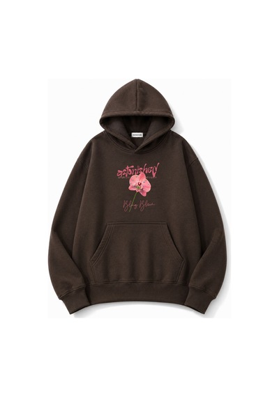 Herkesemoda Pembe Çiçek Baskılı Kapüşonlu 2 İplik Şardonlu Sweatshirt Kahverengi