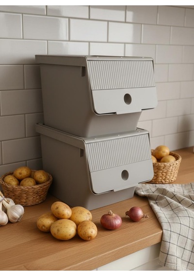 Vizon 2'li 13,5 Lt Modubox Kayar Kapaklı Saklama Kabı & Patates Soğan Kovası & Erzak Kutusu Çr