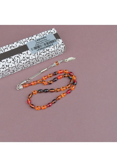 Ateş Kehribar Beyzi Kesim Bilek Boy 5x8mm Tesbih Alpaka Püsküllü Sarı Kırmızı