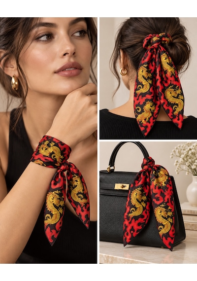 Herşeynota 10 Lu Kırmızı Siyah Ejderha Desenli %100 Pamuk Fular Bandana 52x52 Cm Unisex Çok Renkli