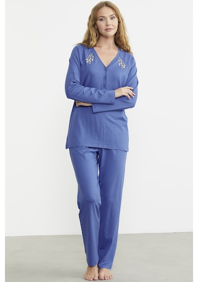 Sementa Nakış Detaylı Düğmeli Pijama Takım - Mavi Mavi
