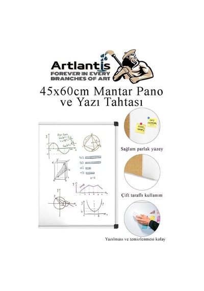 Artlantis Çift Fonksiyonlu Yazı Tahtası Ve Mantar Pano 45x60 Cm 1 Adet Alüminyum Çerçeveli Mantar Panolu Yazı Tah Genel