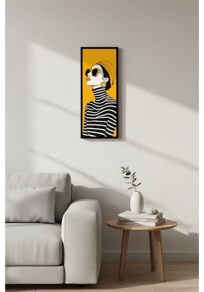 Kadın Figürlü Dekoratif Duvar Tablosu 25x60 Cm Siyah Çerçeveli Modern Dikey Tablo