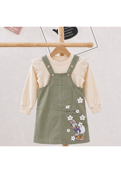 Nota Kids Kız Çocuk Çiçek Baskılı Gabardin Jile Elbise Takımı Dantel Detaylı Sweatshirtlü 2'li Takım Yeşil