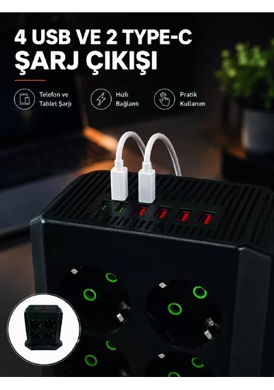 Hepsi 8'li Dikey Çoklu Priz 4 Usb 2 Type-c Akım Korumalı Anahtarlı Priz Najmaddin