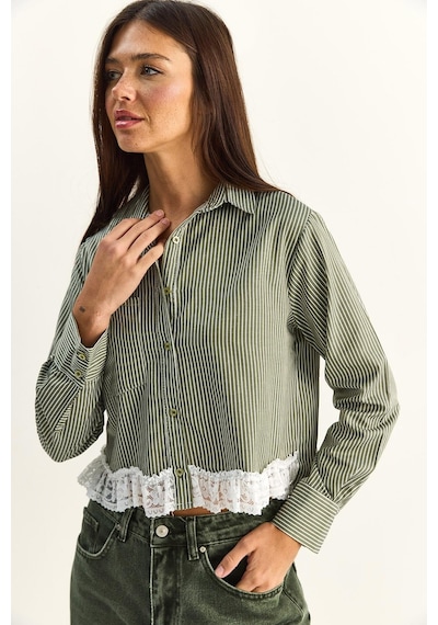Shade Kadın Dantel Detaylı Çizgili Poplin Crop Gömlek Dg261023 60286099 - Haki