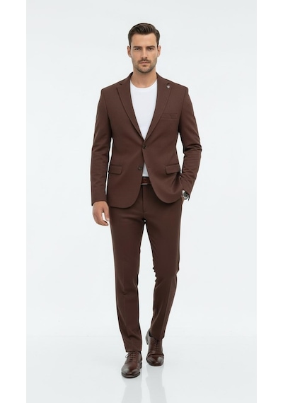 Erkek Slim Fit Mikro Dokulu Takım Elbise Çift Düğmeli Modern Kesim Kahverengi