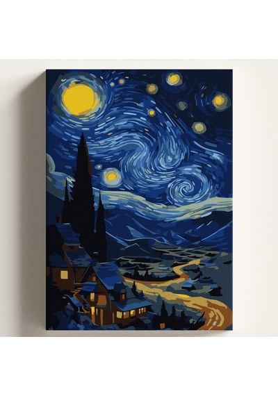 Sayılarla Boyama Tuval Hobi Seti Yıldızlı Gece Köy Temalı Fırça Ve Boya Dahil Set Çıtalı 40x50 Cm Kendin Yap S