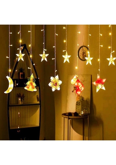 Vıp Deluxe 3 Metre Yıldızlı Noel Salkım Led Işık Led Çam Ağacı Kar Tanesi Çorap Ay Yıldız Firgürlü Gün Işığı
