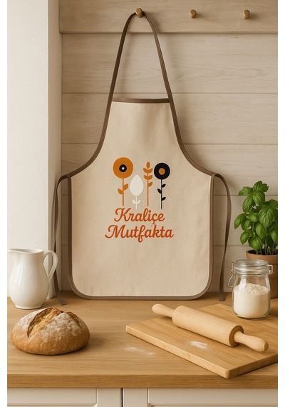 Kraliçe Mutfakta Nakışlı Keten Yıkanabilir Mutfak Önlüğü Standart Beden 1 Adet 50x70 Cm Bej