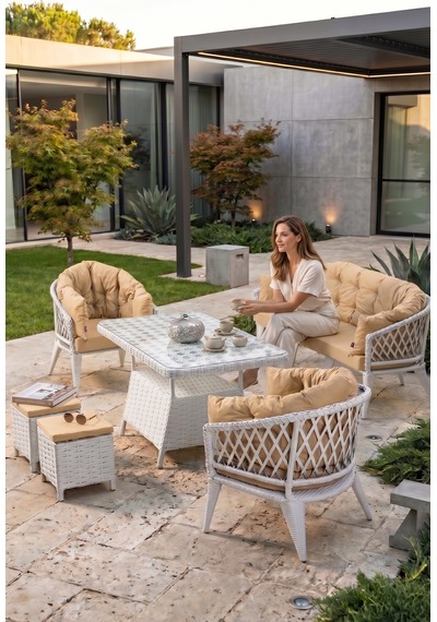 Liatris Serisi 1. Sınıf 3+1+1+2 Puf Beyaz Rattan Cappucino Minder Bahçe Balkon Oturma Koltuk Takımı Liatris Serisi 1. Sınıf 3+1+1+2 Puf Beyaz Rattan Cappucino Minder Bahçe Balkon Oturma Koltuk Takımı