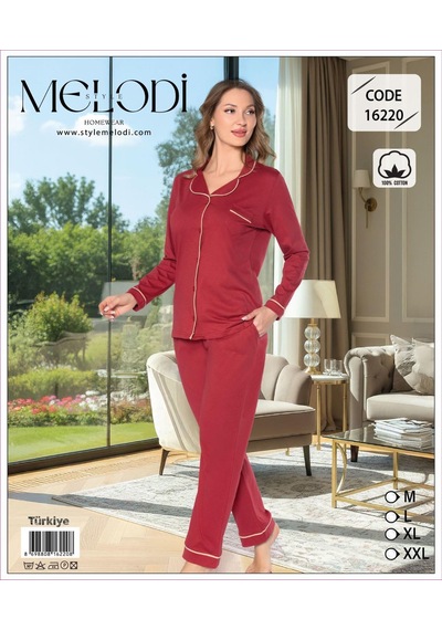 Melodi Kadın %100 Pamuk Önden Düğmeli Uzun Kol Baharlık Pijama Takımı 16220- 1 Adet Bordo