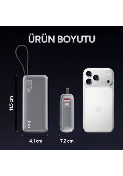 Juo 20000 Mah 165w Led Ekranlı Usb-a + Type-c Kablolu Taşınabilir Pd Hızlı Şarj Cihazı Powerbank Gri