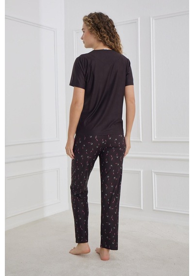Kompedan Kadın Çiçek Desenli Kısa Kollu Pijama Takım Siyah 30102-1167 Siyah