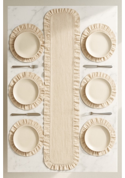 Fırfırlı Runner Ve Supla Takımı - Masa Örtüsü Takımı 7 Parça 145x40 Bej