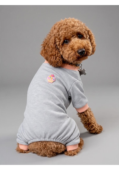 Sweet Cupcake Köpek Tulumu Gri Pötikare Desenli Pembe Ribanalı Penye Köpek Kıyafeti