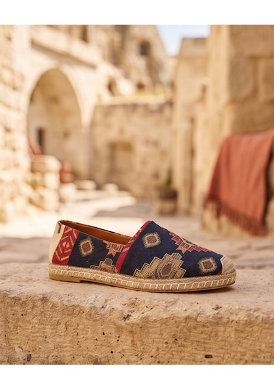 Futsishoes Vıola Lacivert Hakiki Deri Kilim Desenli Kadın Etnik Desen Espadril Ayakkabı