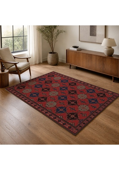 Kartela Halı Afgan Türkmen Desenli Otantik Halı Kırmızı Kaymaz Taban Makinede Yıkanabilir 80x120 Cm