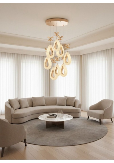 Damla Model 8'li Gold Kumandalı 3 Renk Modu Kristal Taşlı Modern Salon Mutfak Oturma Çocuk Odası Led Avize Altın