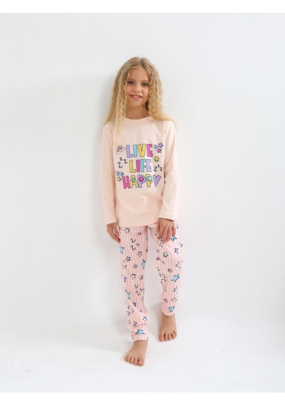 Kız Çocuk Uzun Kollu %100 Pamuklu Pijama Takımı Happy Life SOMON