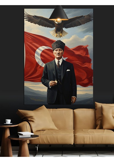 Dalgalanan Bayrak Atatürk Ve Gökteki Kartal Dekoratif Kanvas - Mdf Ahşap Tablo